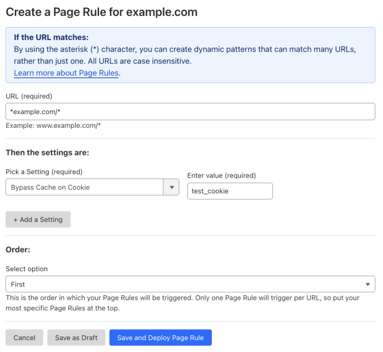 Example Page Rule with &lsquo;Bypass Cache on Cookie&rsquo; setting