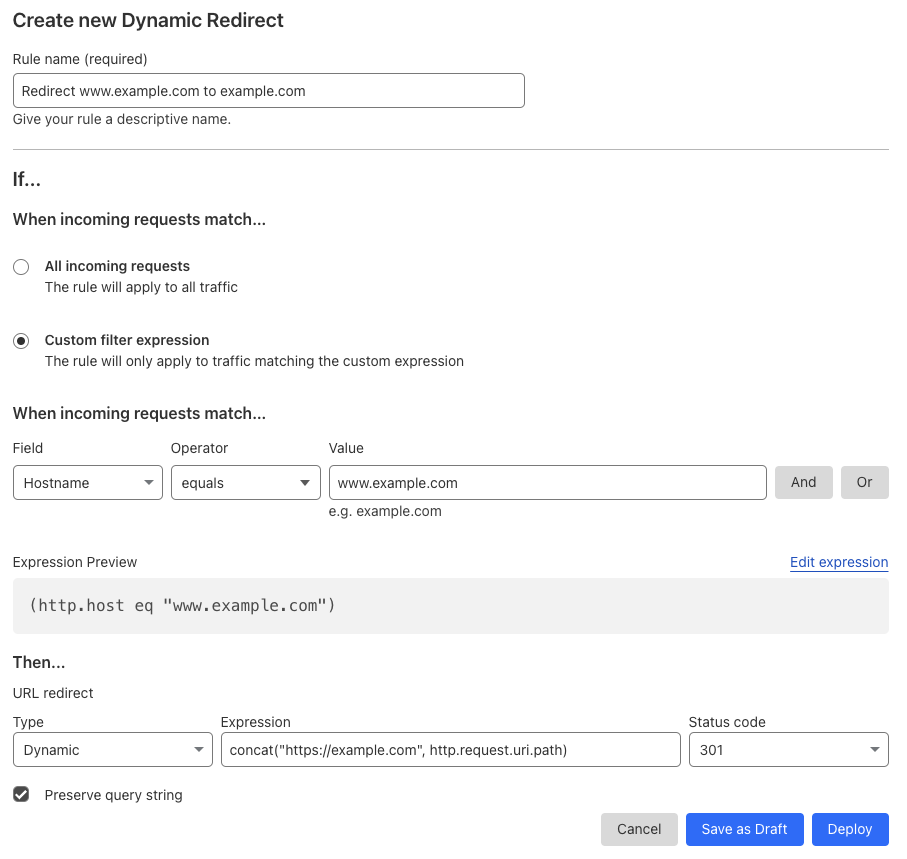 Dynamic redirect matching the &lsquo;Forwarding URL&rsquo; setting of the example Page Rule #1